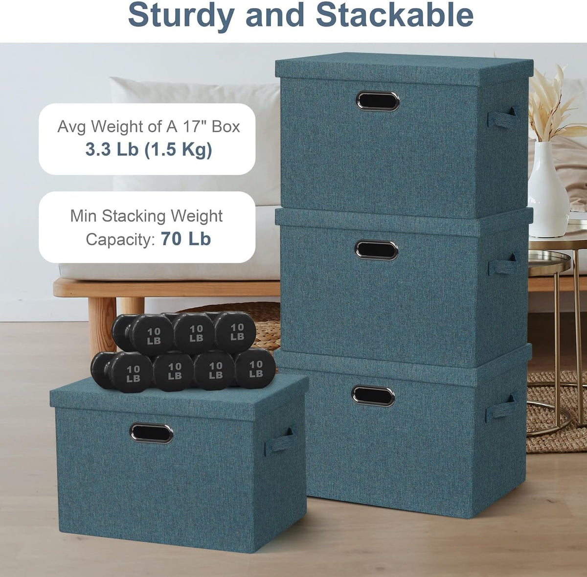 Large 17" 36 Quart Collapsible Stackable Storage Bins with Lids, 3 Packs Blue-Green Linen Fabric