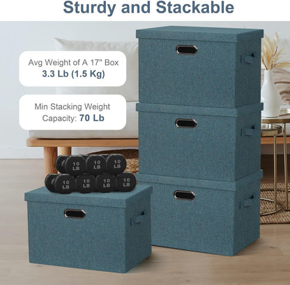 Large 17" 36 Quart Collapsible Stackable Storage Bins with Lids, 3 Packs Blue-Green Linen Fabric