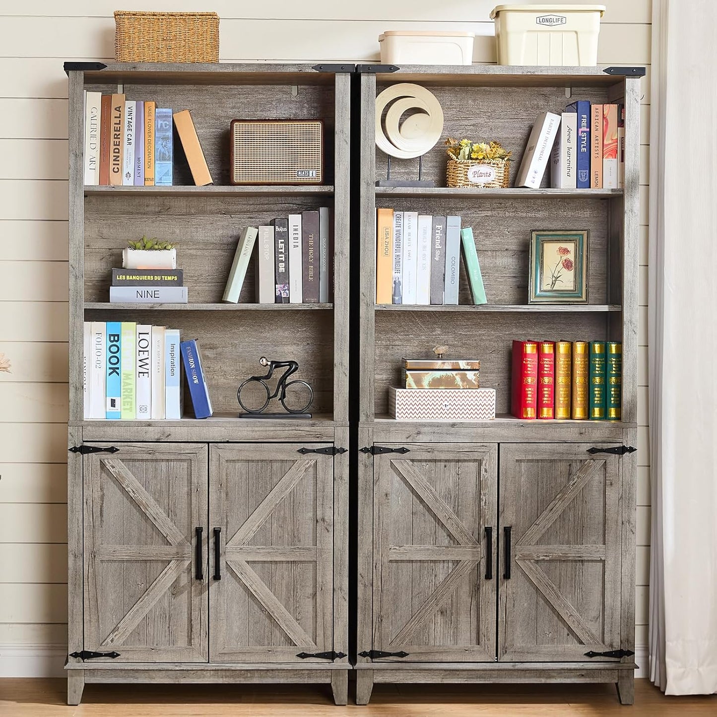 70in Tall Bookshelf 5 Tier Bookcase with Barn Doors and Adjustable Shelves, Grey Farmhouse Book