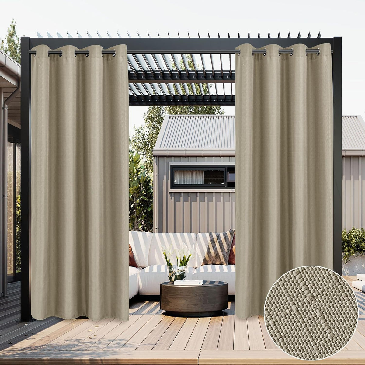 HolidayIdeas 2 Panels Linen Outdoor Curtains for Patio Waterproof Taupe Curtains 84 inch