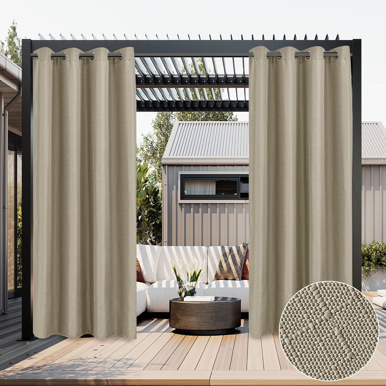 HolidayIdeas 2 Panels Linen Outdoor Curtains for Patio Waterproof Taupe Curtains 84 inch