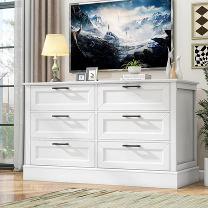 White Dresser for Bedroom with 6 Drawer, Bedroom Furniture Organizer Storage, Wood Double Dresser &