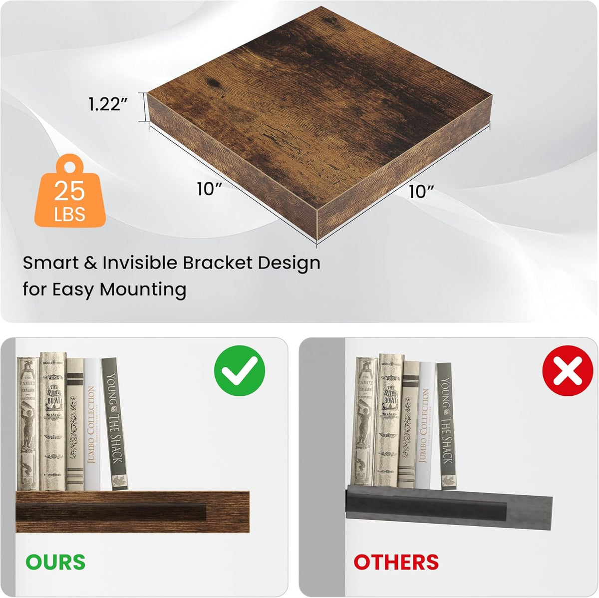 Square Floating Shelves for Wall, 10"W x 10"D x 1.2"H, Small Wooden Wall Mounted Display Shelf with