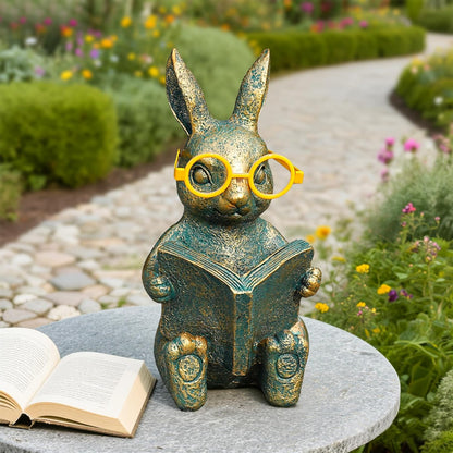 Solar Garden Decor, Adorable Rabbit Statue with Solar-Powered Glasses, Outdoor Decoration Lights