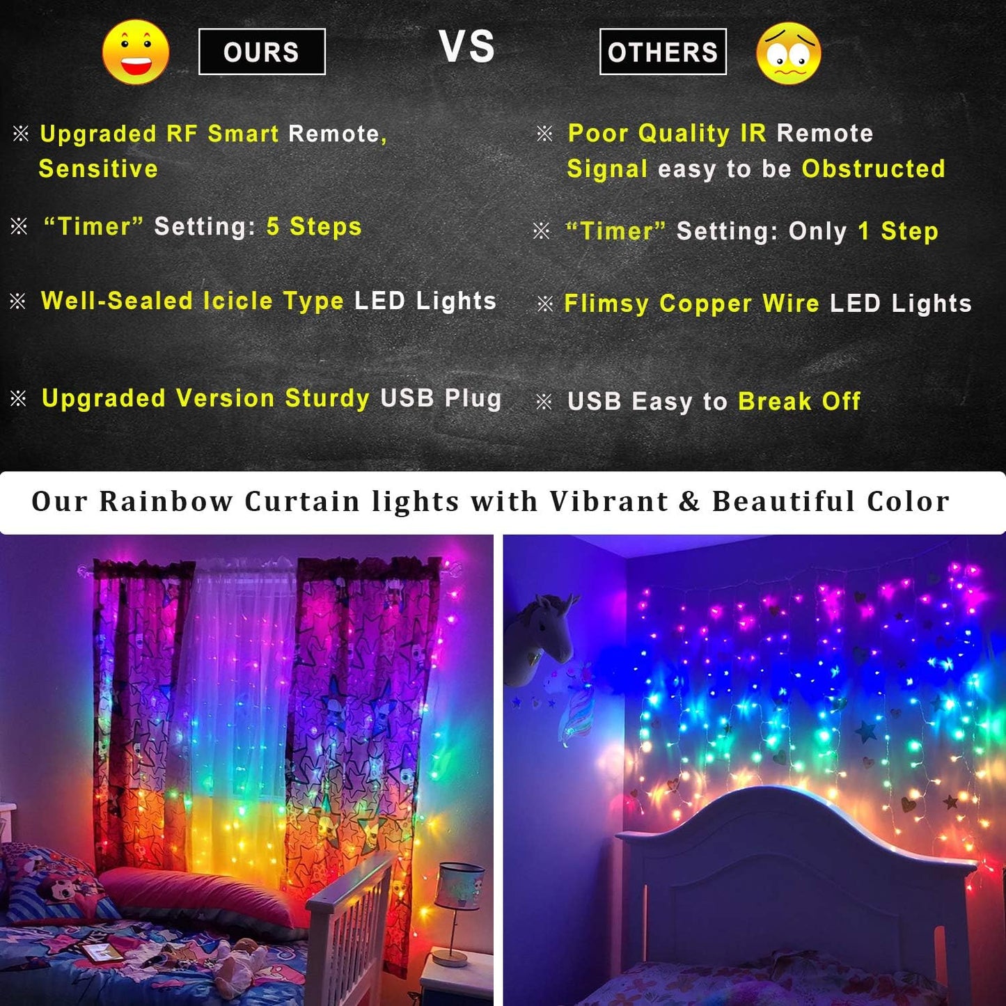 Rainbow Fairy String Curtain Lights with Remote, Twinkle LED Icicle Rainbow Lights Curtain for