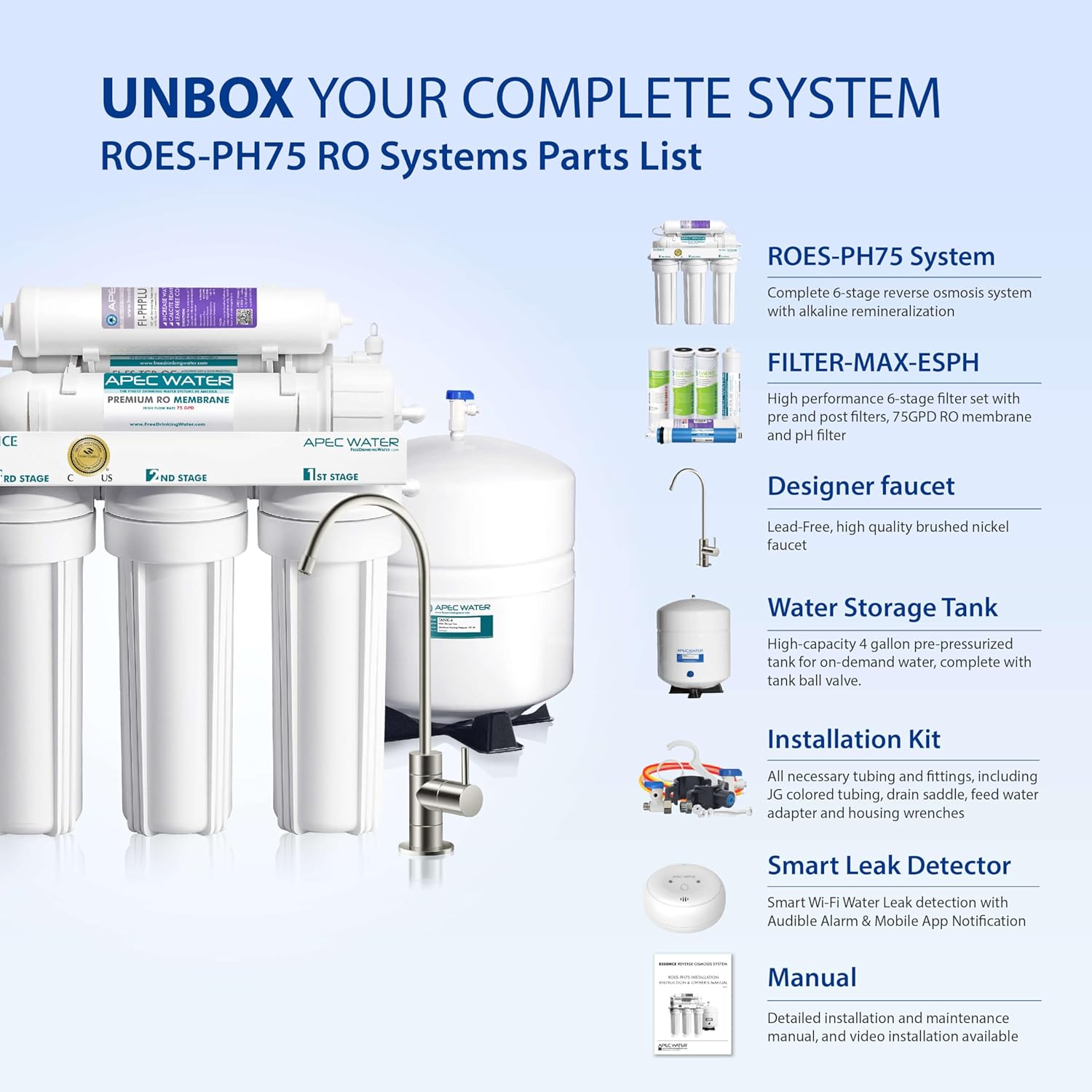 APEC Water Systems ROES-PH75 Essence Series Top Tier Alkaline Mineral pH+ 75 GPD 6-Stage Certified