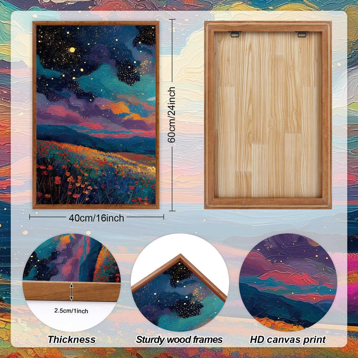 KAIRNE Framed Abstract Midnight Canvas Wall Art,Starry Night Prints Set of 3(16”X24”),Colorful