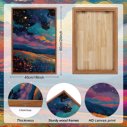 KAIRNE Framed Abstract Midnight Canvas Wall Art,Starry Night Prints Set of 3(16”X24”),Colorful