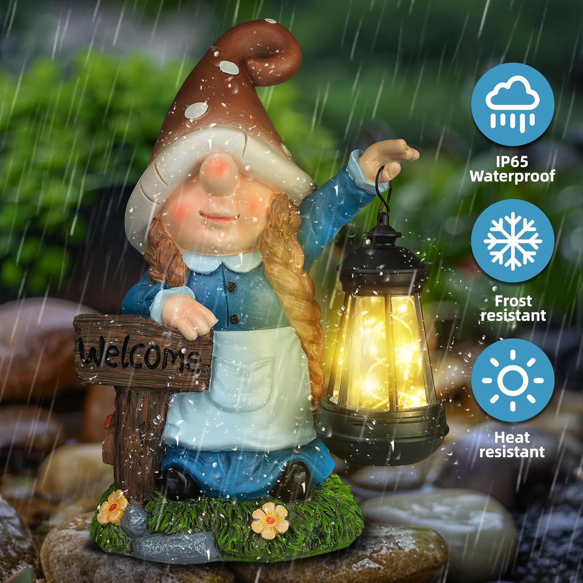 Solar Large Gnome Garden Statue with Welcome Sign Outdoor Decor with LED Lantern Funy for Porch