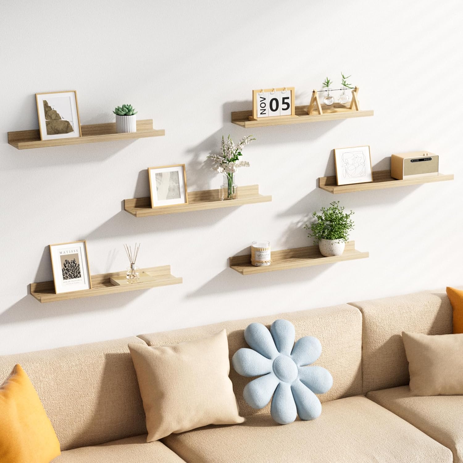 upsimples Floating Shelves for Wall, Wood Mounted Shelf Decor Storage Set of 6, for Bedroom, Living
