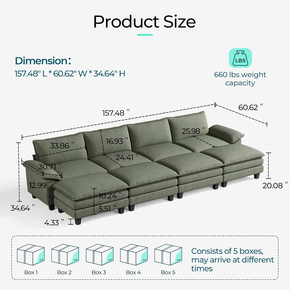 LINSY HOME Modular Sectional Sofa - 157'' Sleeper Sofa Cloud Couch Oversized Corduroy Sofa Bed with
