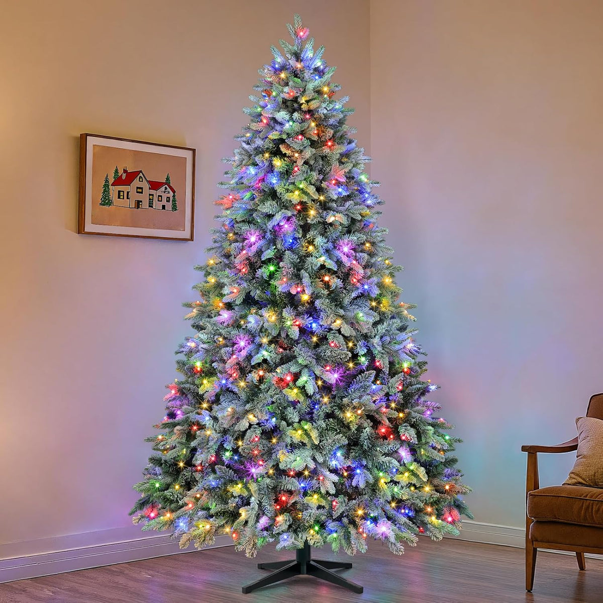 6.5FT Rotating Christmas Tree with Remote, Pre-Lit Artificial Green PE & PVC Xmas Tree, Multicolor