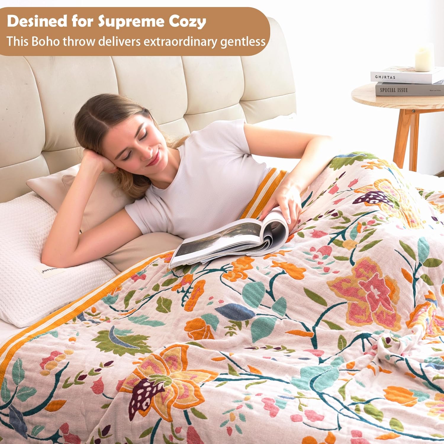 Boho Throw Blanket, 100% Organic Cotton Breathable Ultra Soft 91" x 98" Bed Quilt Throw - All
