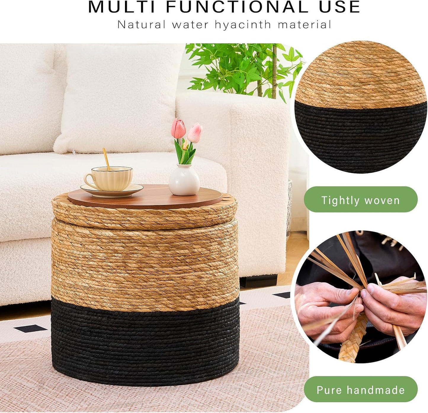 Wimarsbon 18'' Ottoman Pouf, Natural Braided Poof, Rustic Handweave Lounge Pouffe, Boho Footrest