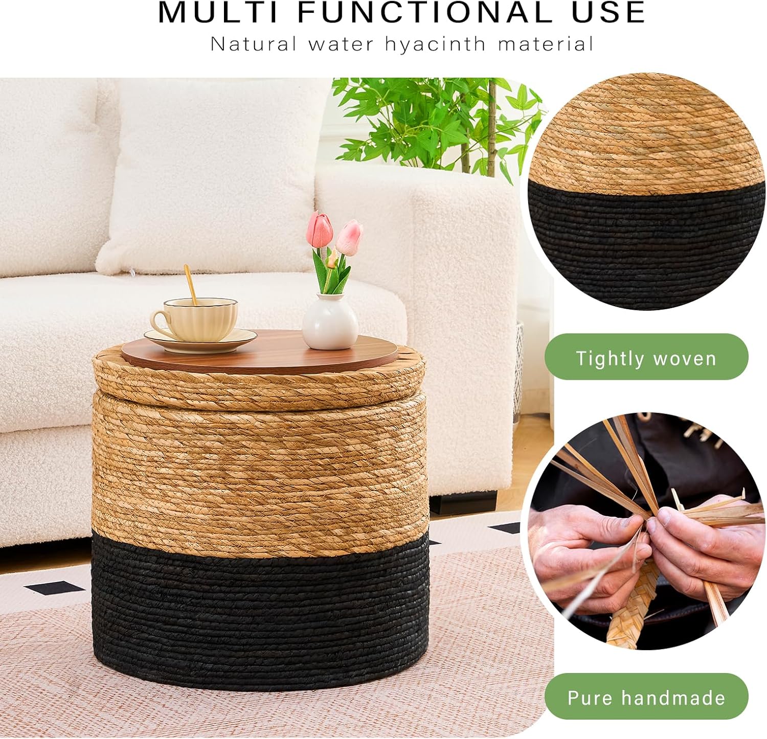 Wimarsbon 18'' Ottoman Pouf, Natural Braided Poof, Rustic Handweave Lounge Pouffe, Boho Footrest