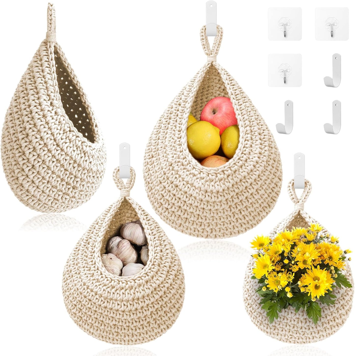 Hanging Fruit Baskets for Kitchen - 3 Pack Boho Wall Hanging Basket with 6 Pcs Strong Hooks