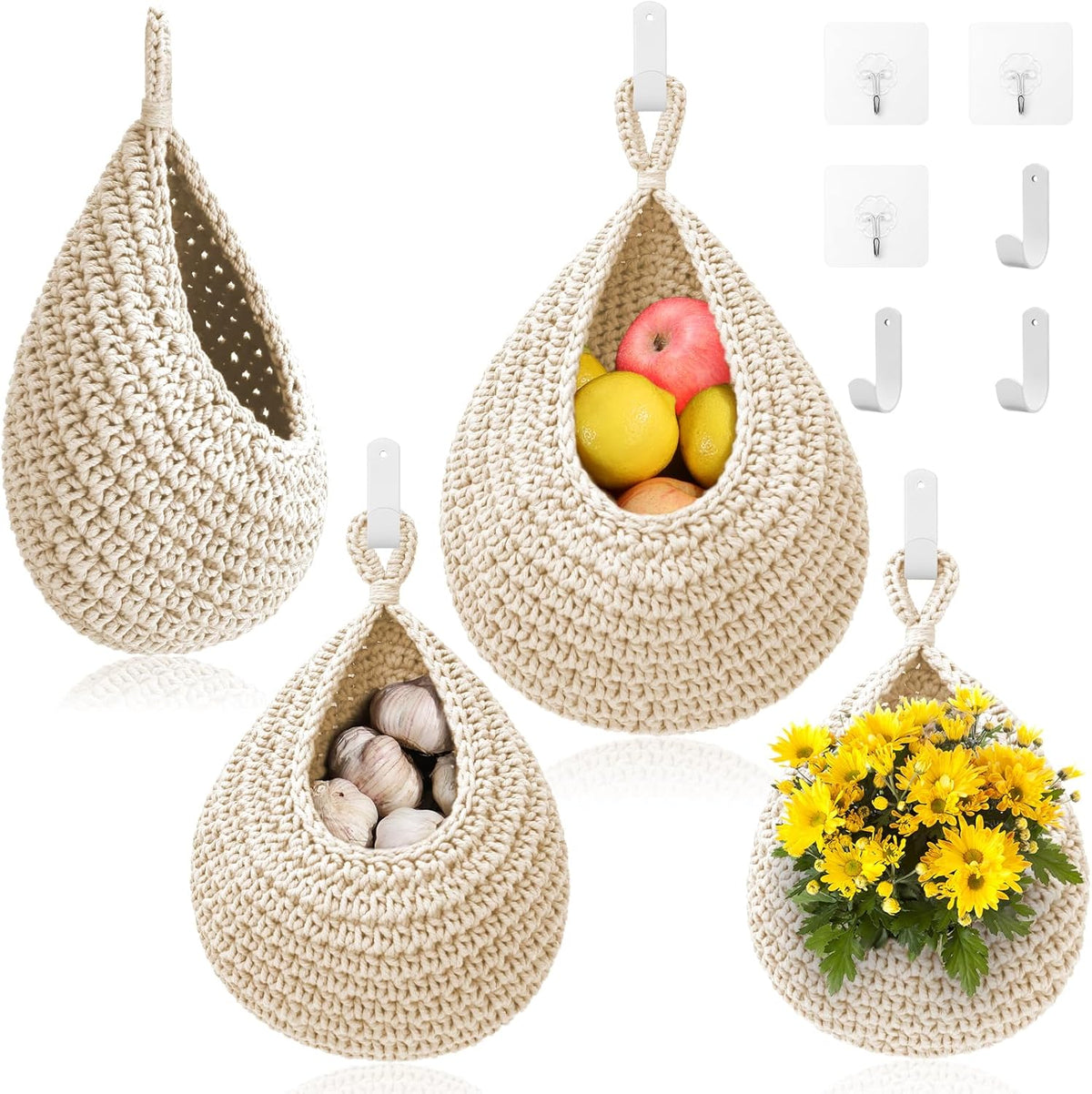 Hanging Fruit Baskets for Kitchen - 3 Pack Boho Wall Hanging Basket with 6 Pcs Strong Hooks
