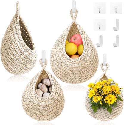 Hanging Fruit Baskets for Kitchen - 3 Pack Boho Wall Hanging Basket with 6 Pcs Strong Hooks