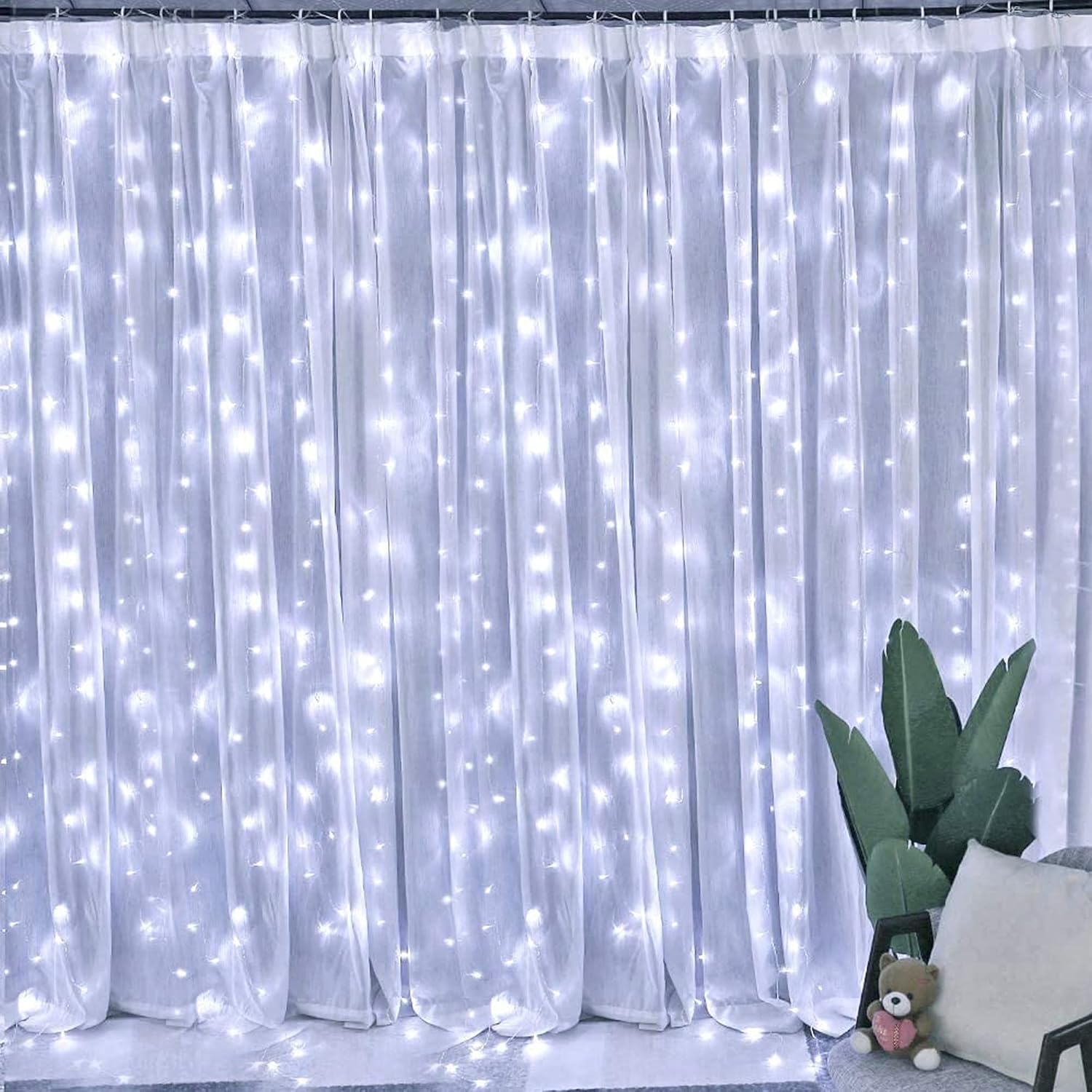 Dazzle Bright Curtain String Lights, 300 LED 9.8ft x 9.8ft 8 Lighting Modes Fairy Lights USB