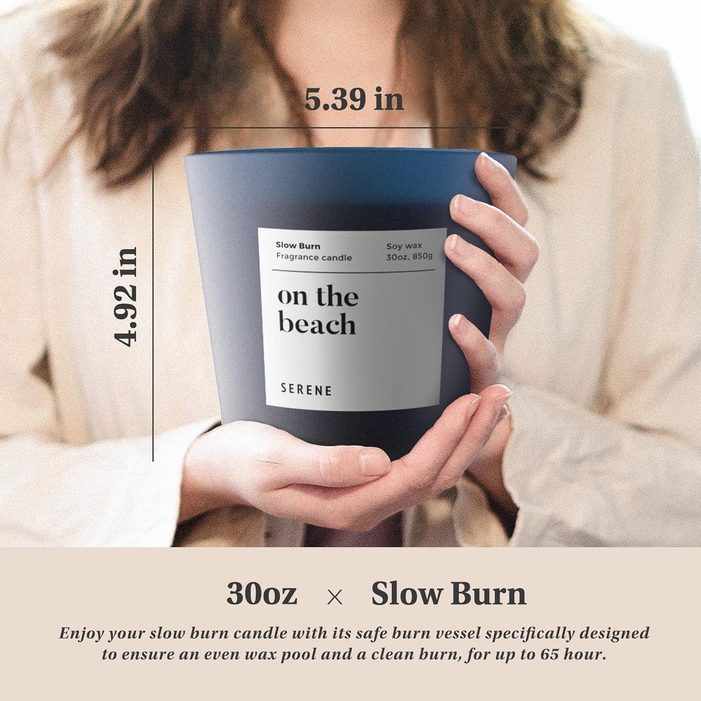 Hidden Label Large Scented Candle, On The Beach, 30oz 3 Wick Huge Candle, Serene Collection Slow