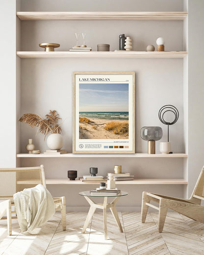 HesenDot Natural OAK Wood Lake Michigan Framed Wall Art,12x16in Natural Scenery Canvas Wall