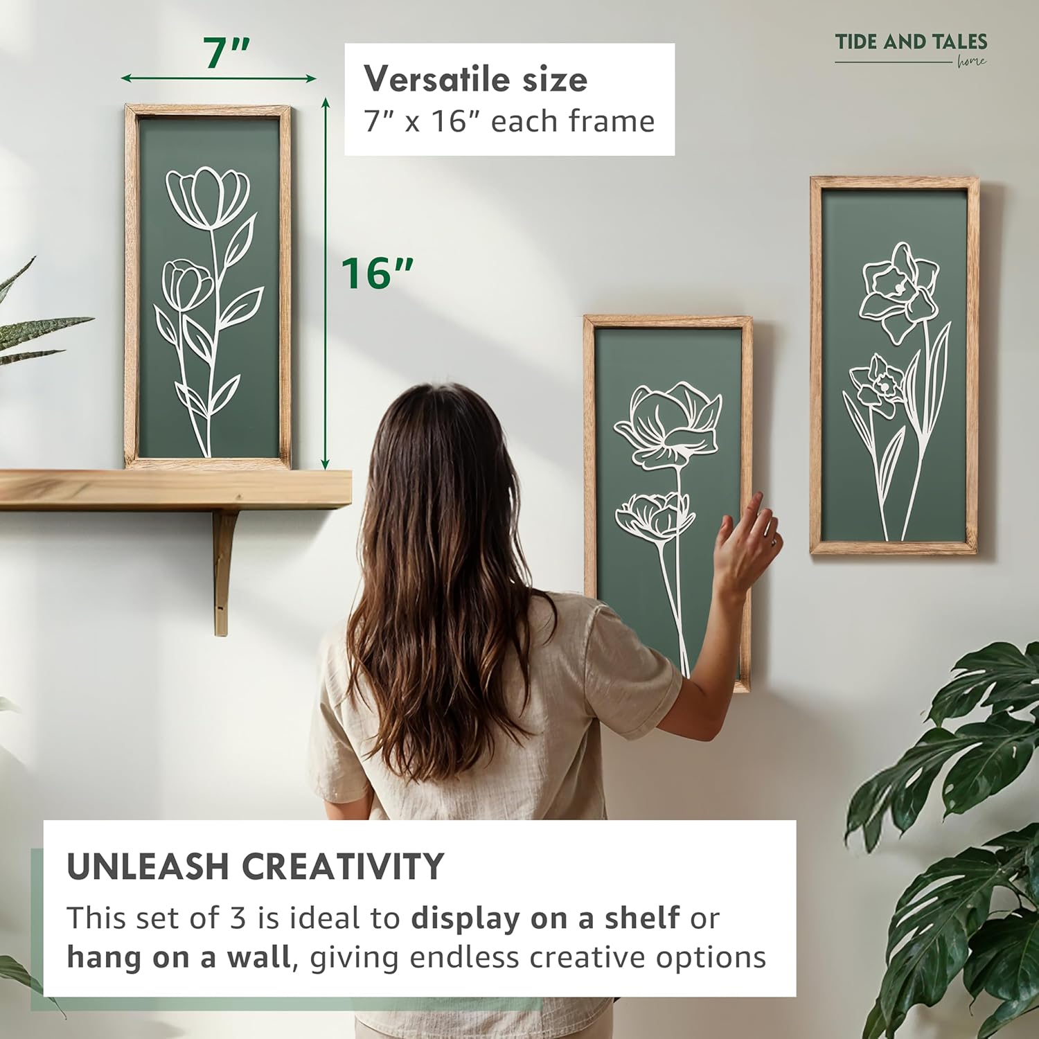 3D Floral Green Wall Art (Set of 3) Lightweight, Wooden Ready-to-Hang Boho Framed Wall Art for