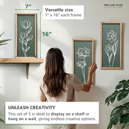 3D Floral Green Wall Art (Set of 3) Lightweight, Wooden Ready-to-Hang Boho Framed Wall Art for