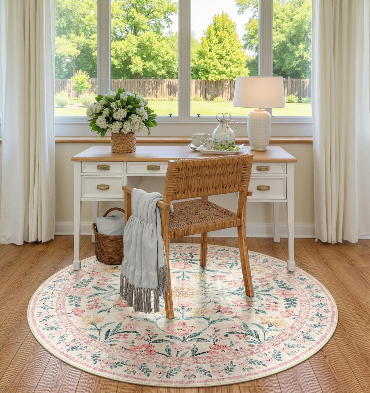 Wonnitar Pink Floral Round Rugs 5ft, Soft Circle Rug Non Slip Washable Round Carpet, Boho