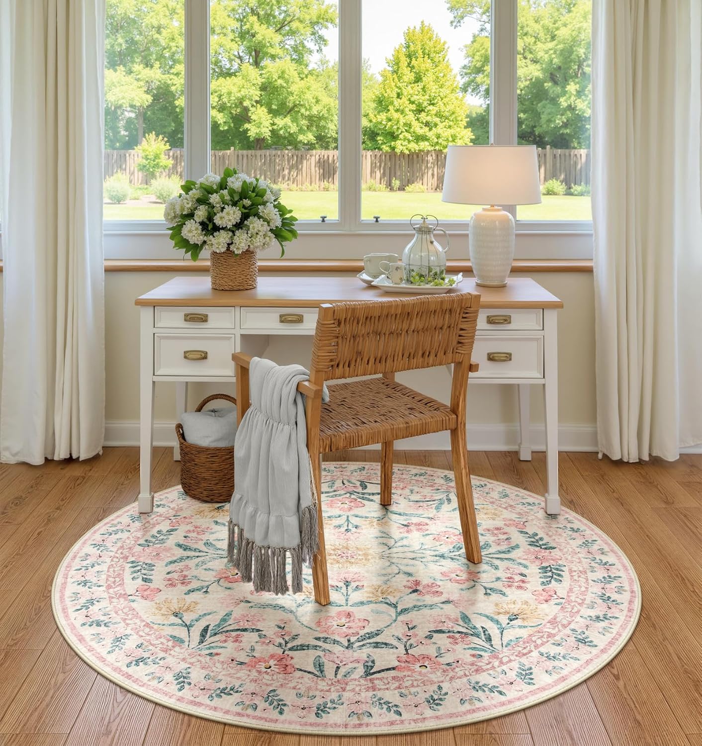 Wonnitar Pink Floral Round Rugs 5ft, Soft Circle Rug Non Slip Washable Round Carpet, Boho