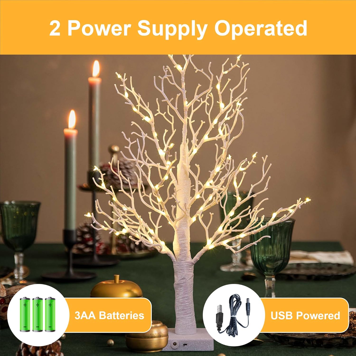 LIGHTSHARE 24IN Lighted Willow Tree Bonsai 70 Mini LED Lights Artificial White Birch Tree for Home