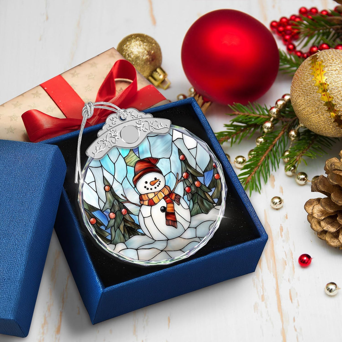 Stained Glass Ornament - Snowman Christmas Ornaments - Xmas Decor - Ornaments for Christmas Tree