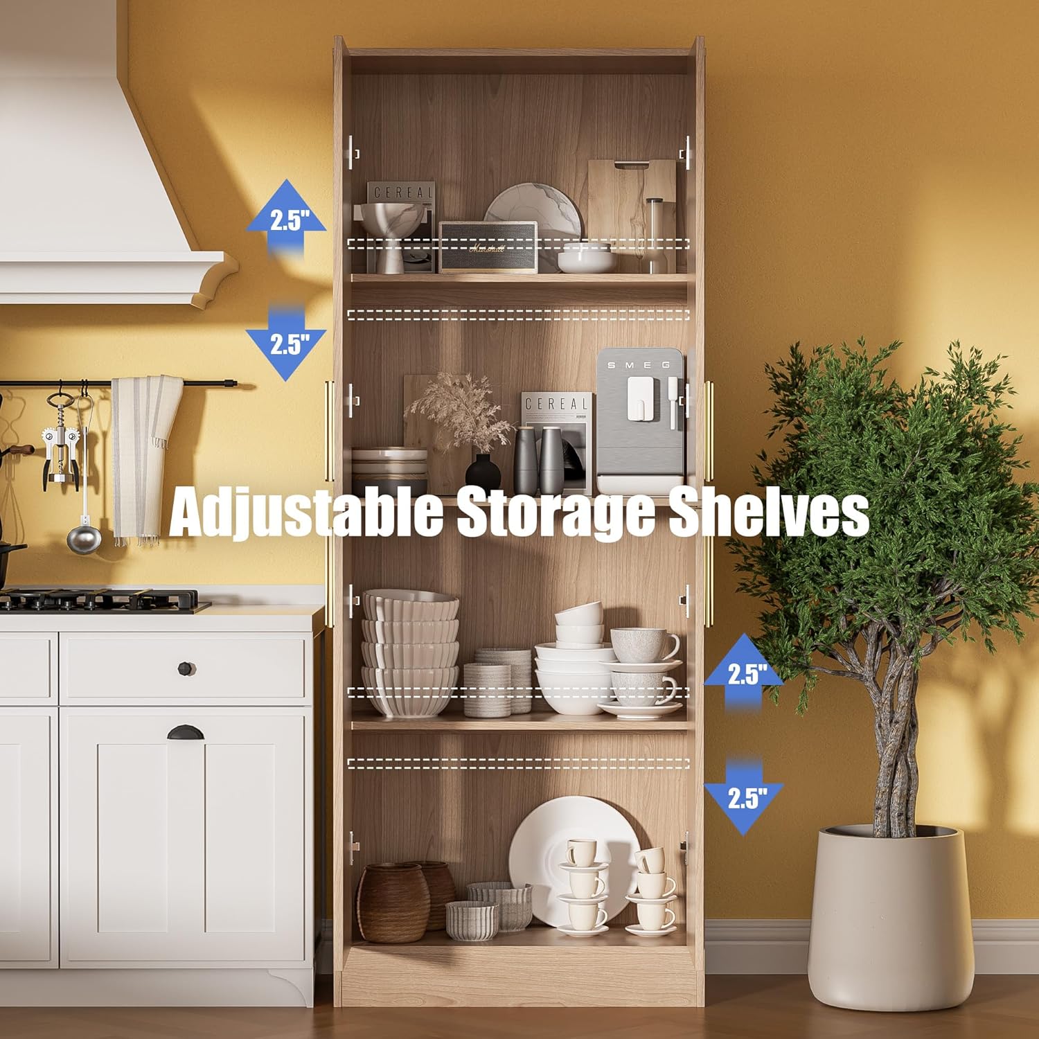 71" Tall Pantry Cabinet with 4 Doors, Kitchen Pantry Storage Cabinet, Freestanding Larder Cupboard