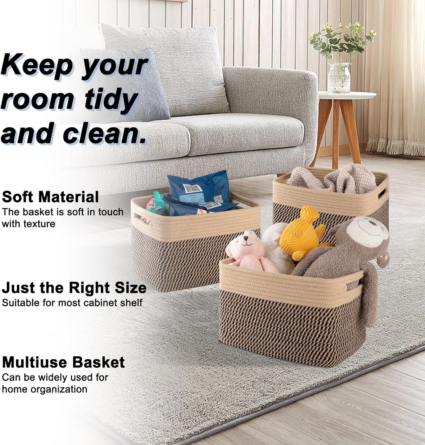 4 Pack Storage Baskets for Organizing, Woven Baskets for Shelves - Perfect for Toys, Books, Towels