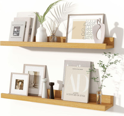 Fun Memories Picture Ledge Shelves Set of 2, 24 Inch Rustic Wall Mounted Floating Shelves with Lip