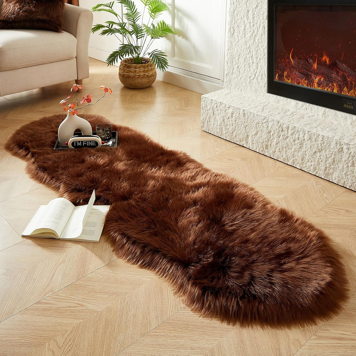 AMTOVO Faux Sheepskin Rug, Coffee Ultra Soft Fluffy Shag Area Rug, 2 x 6 ft Faux Fur Rug for