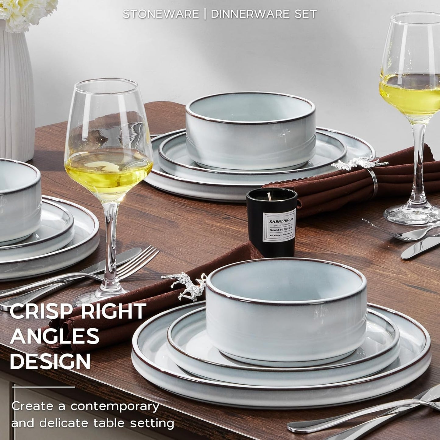 Onader Stoneware Dinnerware Sets, 12 Piece Plates and Bowls Dish Sets for 4, Ceramic Dishware
