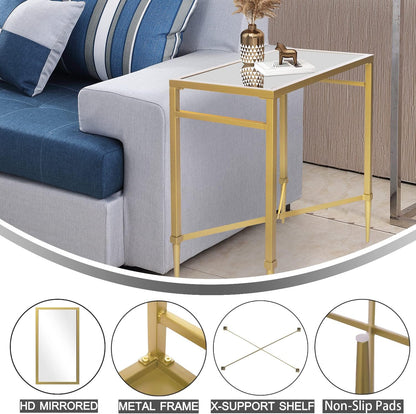 Gold End Table, Rectangle Side Table with Mirrored Top, Modern Metal End Table, Small Narrow Side