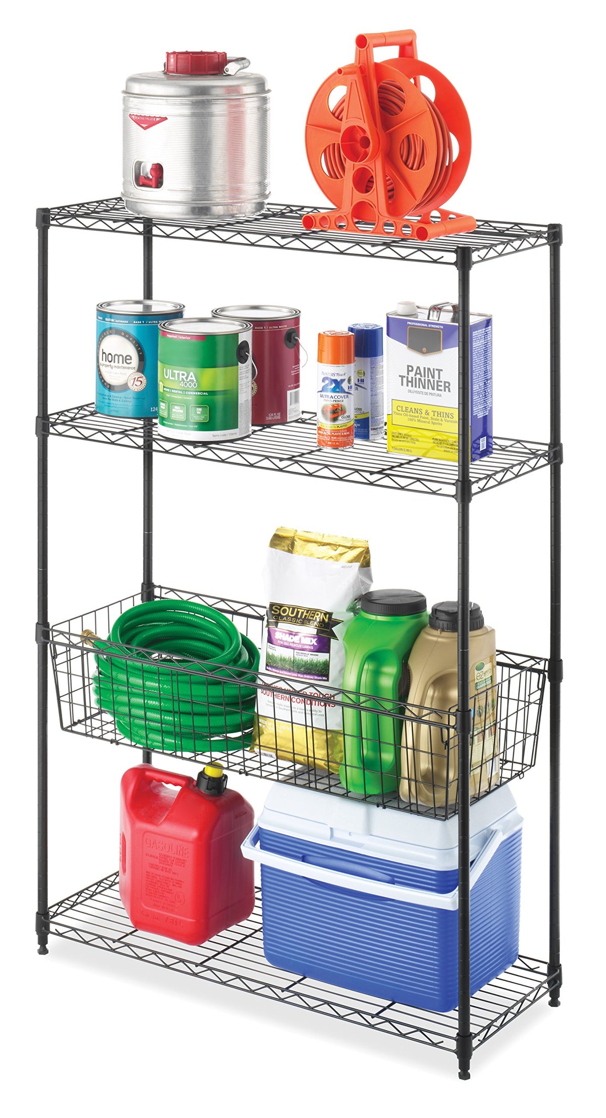 Whitmor 4-Wire Shelving Unit, Metal Storage Shelves with Basket, Easy Assembly Home Organizer for