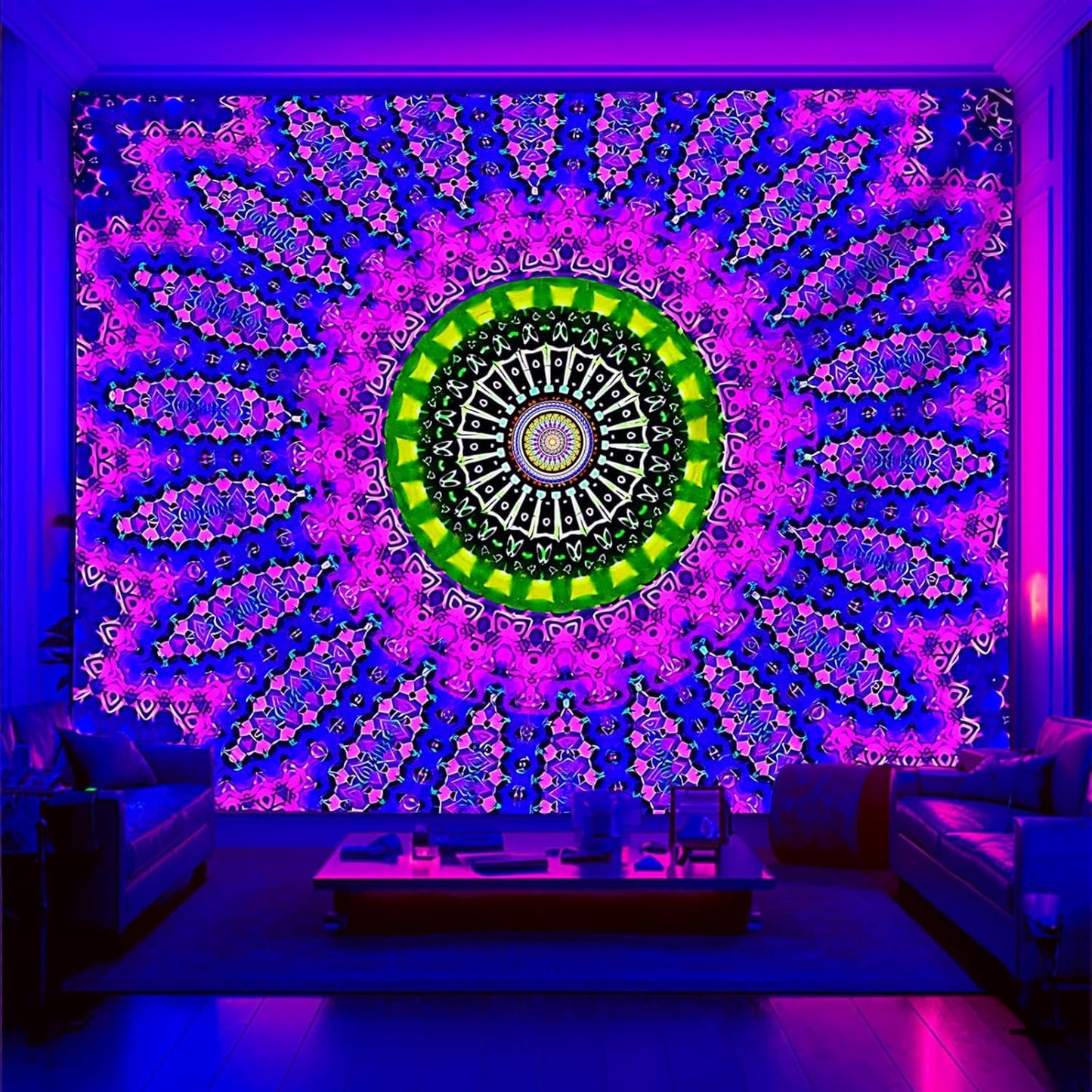 PSYHILAR Blacklight Mandala Tapestry for Bedroom, Large Black Light Posters for Adults and Teens