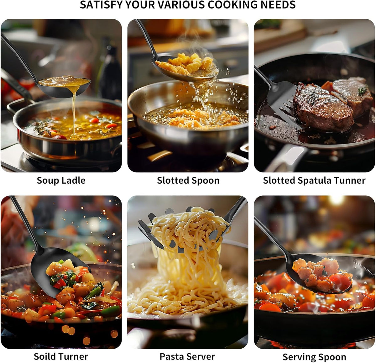 304 Stainless Steel Cooking Utensils,6 Pcs Kitchen Cooking Utensils Set with Spatula, Solid Spoon