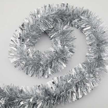 25 ft Long Roll Silver Tinsel Twist Garland, Shiny Metallic Foil Decorations for Parade Floats