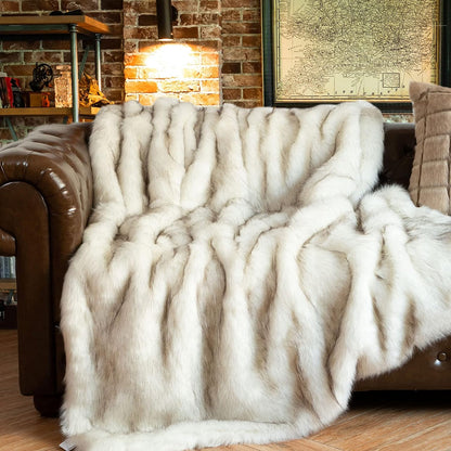BATTILO HOME Luxury White Faux Fur Throw Blanket Long Pile with Black Tips, 51"x67", Super Warm