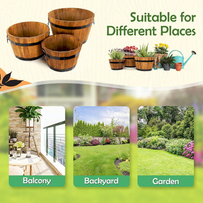 Idzo Set of 3 Wooden Flower Boxes Outdoor, Durable Acacia Wood Barrel Planters for Outdoor Plants