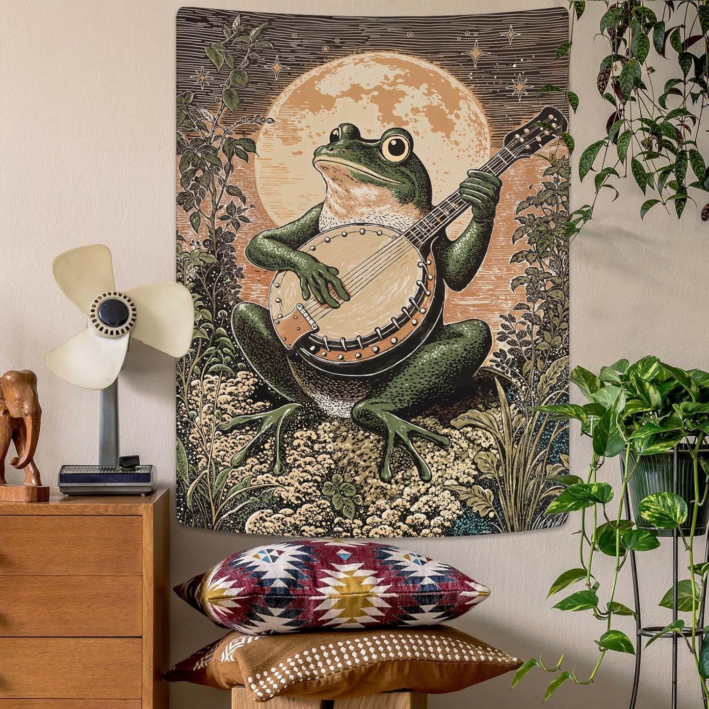 Lunerfex Moonlit Banjo Frog Wall Tapestry, Whimsical Amphibian Musician Tapestries for Room Decor