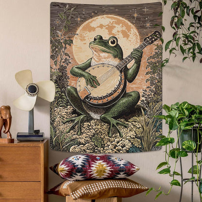 Lunerfex Moonlit Banjo Frog Wall Tapestry, Whimsical Amphibian Musician Tapestries for Room Decor