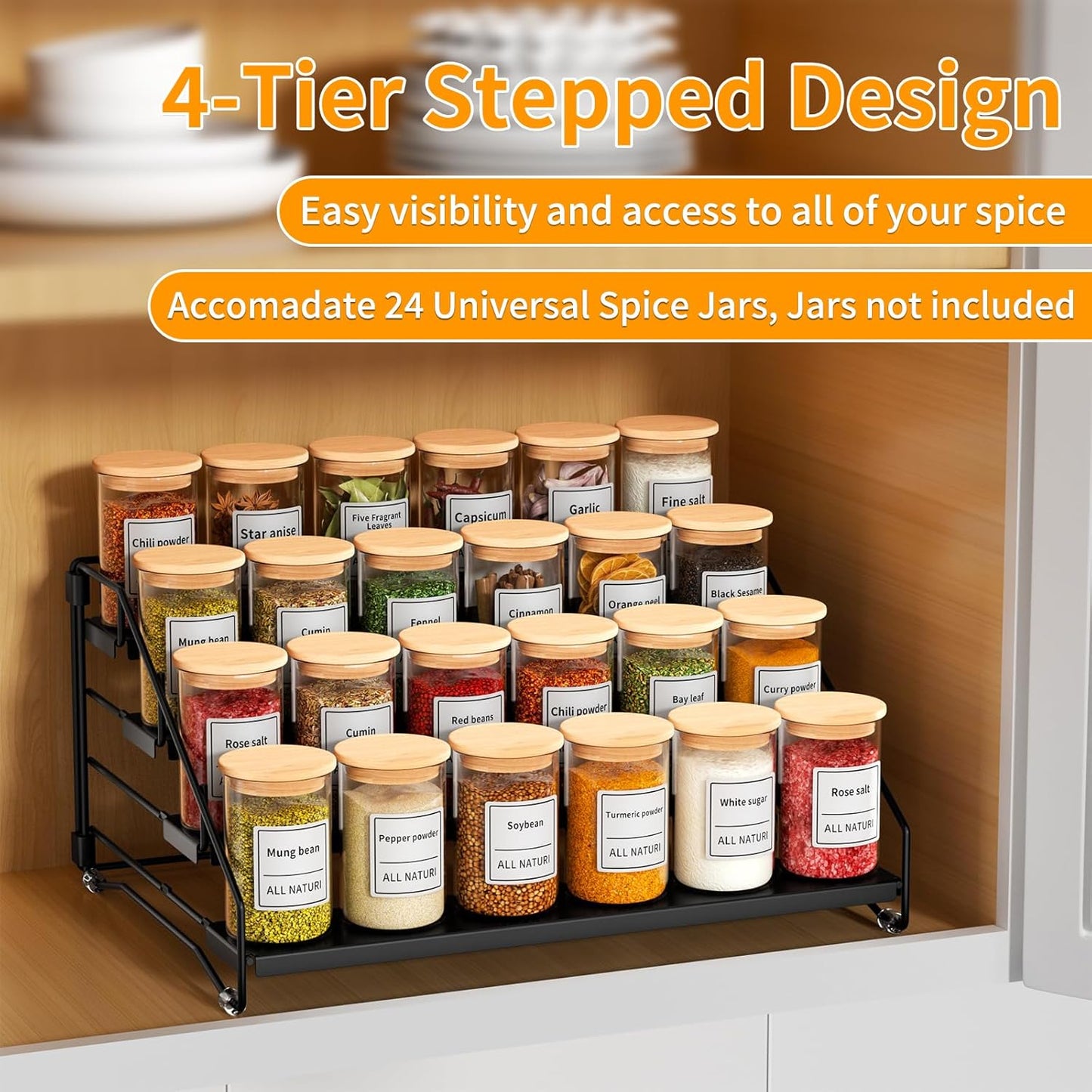 RCHYFEED Spice Rack Organizer for Cabinet Pantry,4 Tier Spice Rack Countertop, Depth Adjustable
