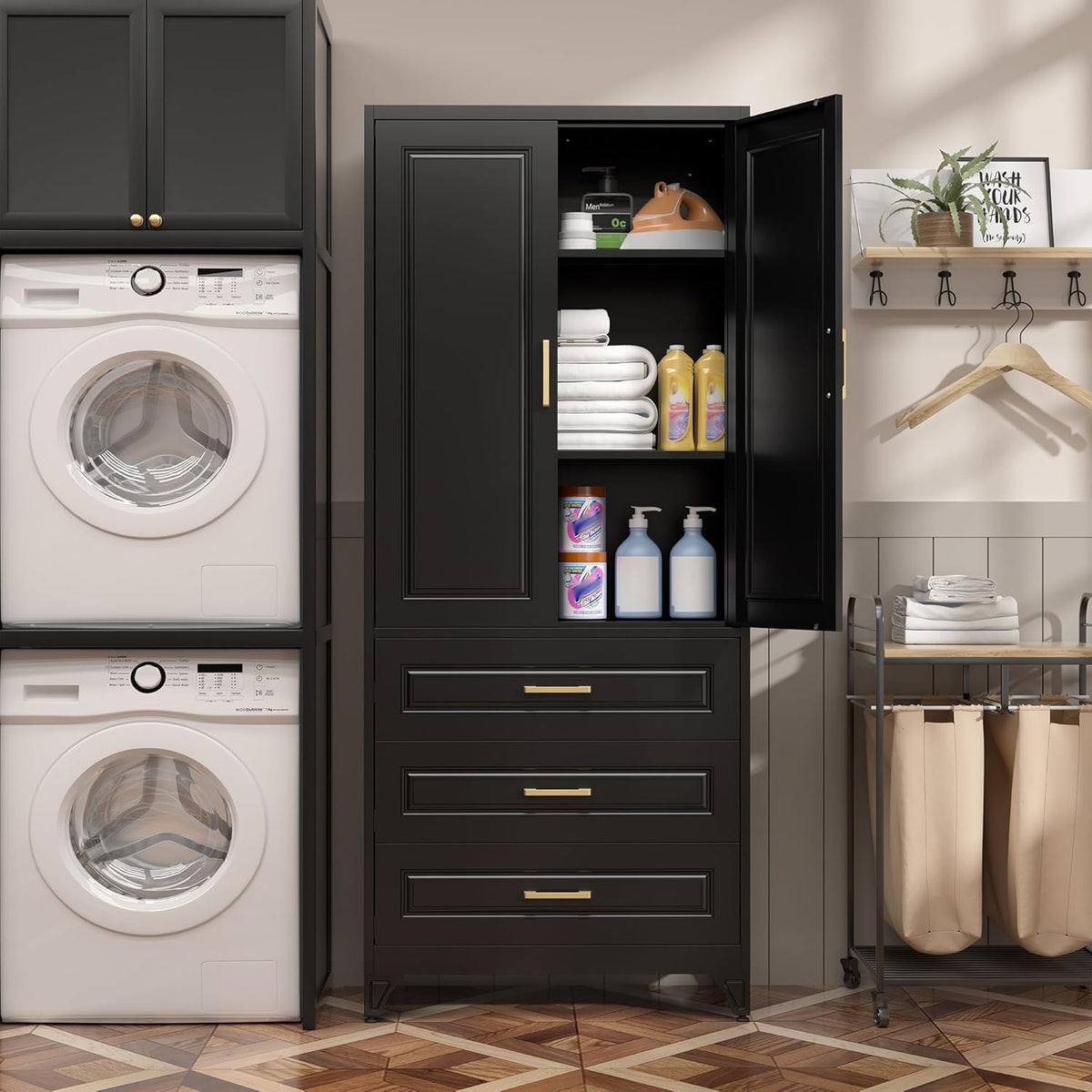 75" Kitchen Pantry Cabinet with 3 Drawers,Metal Storage Cabinets with Doors and 4 Adjustable