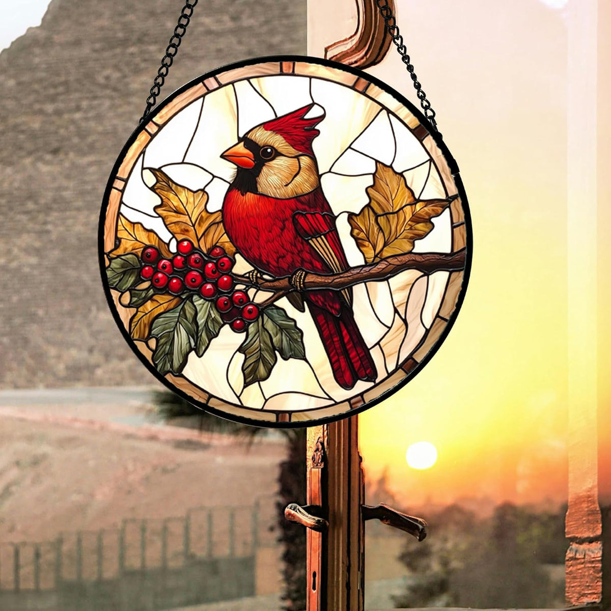 Stained Glass Window Hanging, Birds on a Branch Cardinal Sun Catchers Diamond Glass Panel Hangings