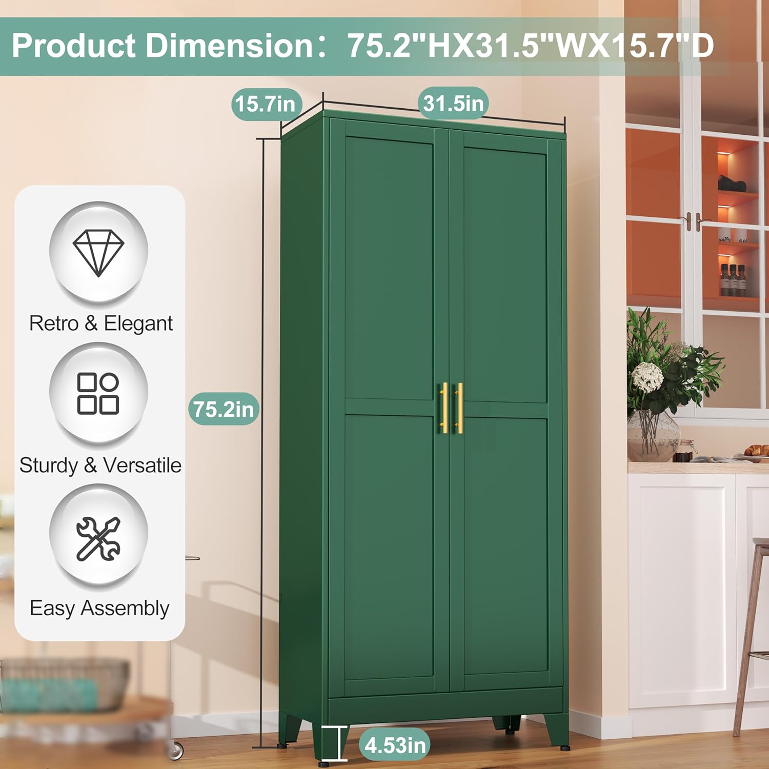 Metal Pantry Cabinet with 2 Doors and 5 Adjustable Shelves, 75" Kitchen Storage Cabinet with Gold