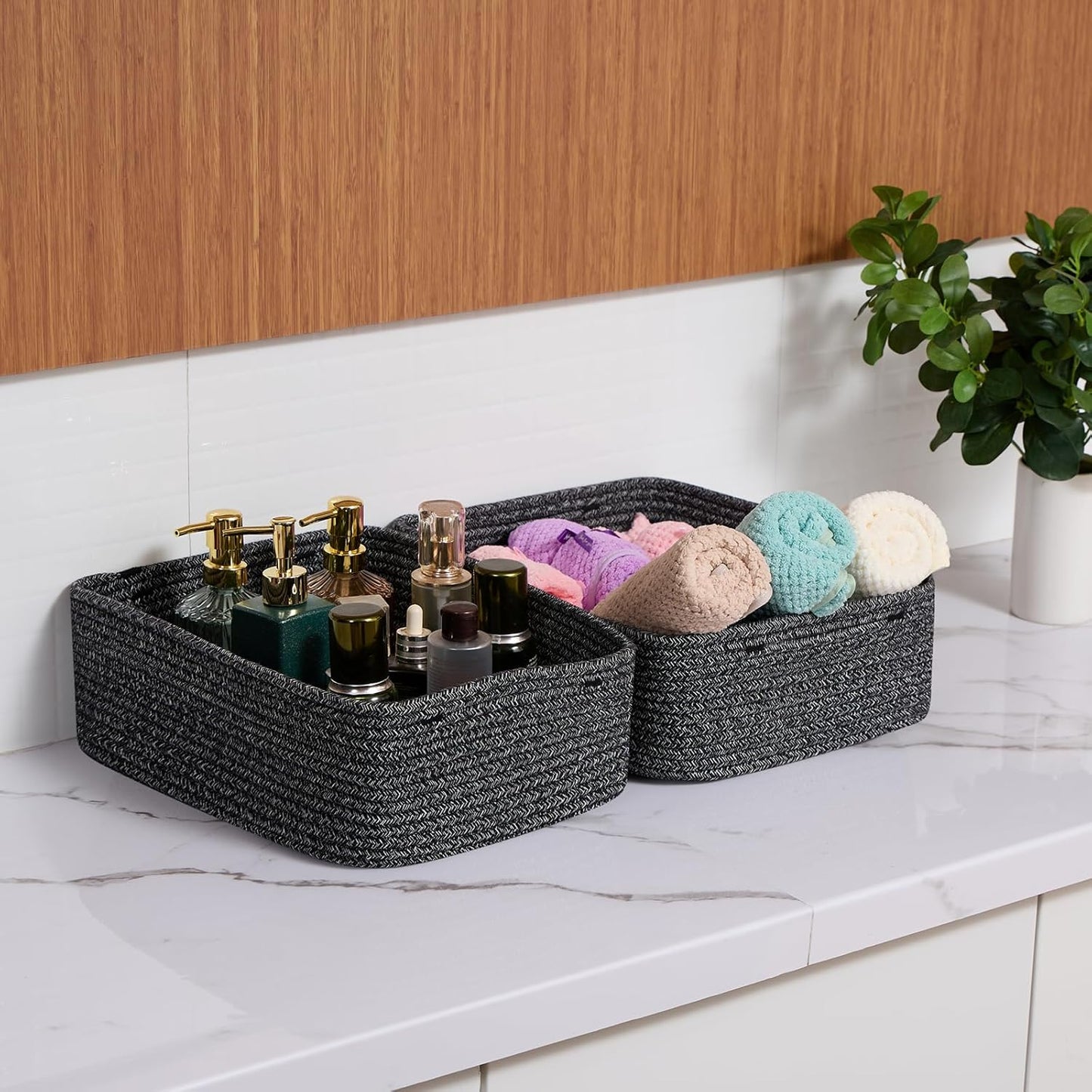 Large Shallow Organizing Baskets 15x11x5.1 Inches - Rope Woven Storage Bins for Bathroom, Shelves